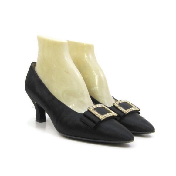 Bruno Magli Shoes Pumps Black Silk Evening Rhinestone Buckles Bows - Picture 1 of 5